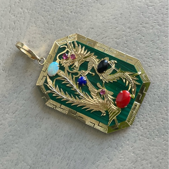 🐲14K Solid Gold Lucky Dragon🐲 Malachite, Opal, Onyx, Ruby, Lapis Charm Pendant - Picture 5 of 9